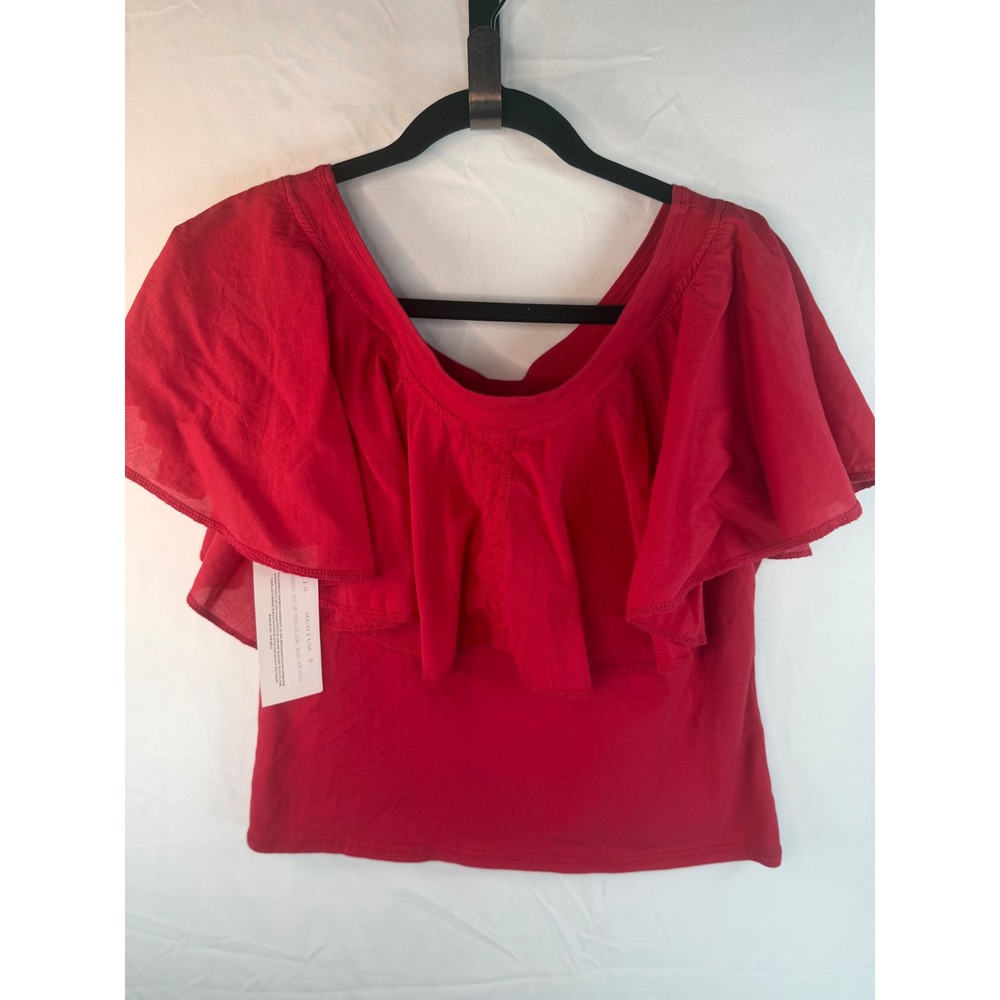 Luna Luz Red Off Shoulder Ruffle Top Cotton Knit Short Sleeve Made in USA Medium